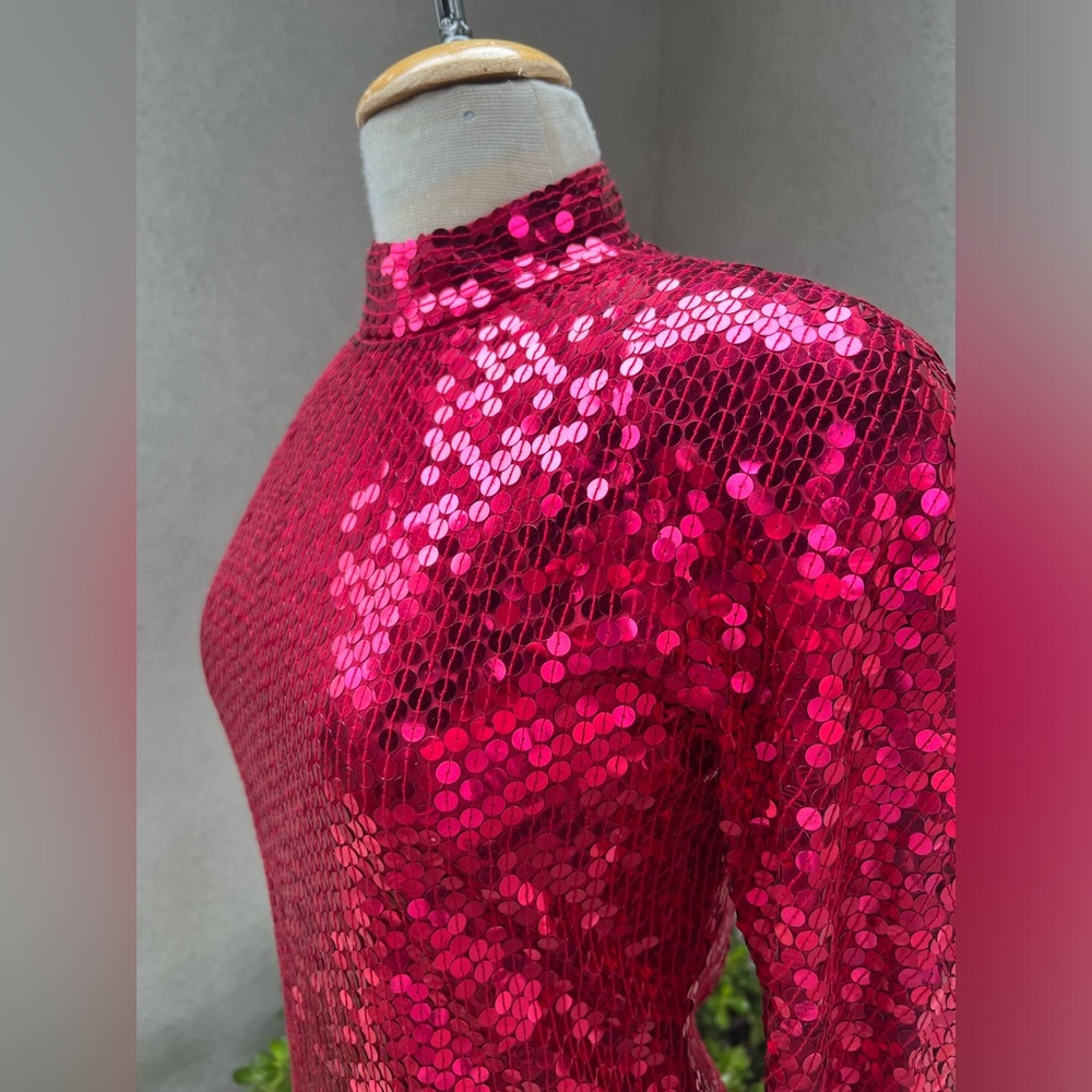 Vintage Disco Dress Ruby Red Sequins Keyhole Back… - image 8